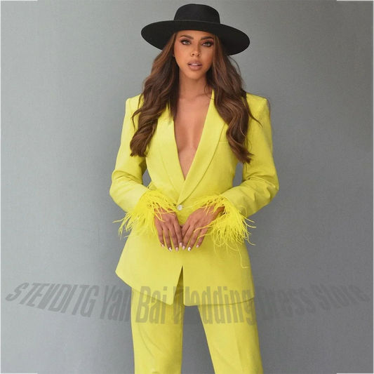 Elegant Women's Suit Two Pieces Feather Decor Cuff Single Button Solid Color Formal Dinner Party Prom Luxury Jacket Pants