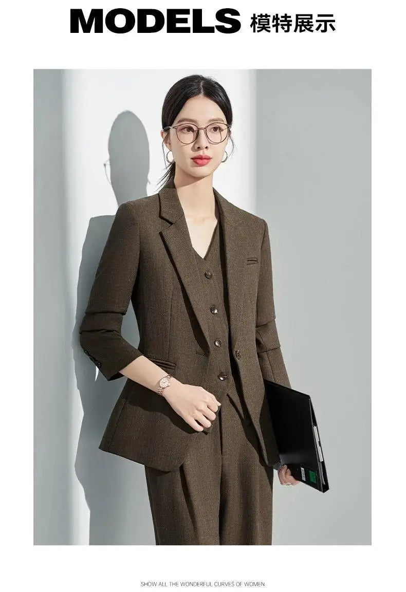 Formal Office Lady Slim Fit 2 Piece Suits Autumn Dark Brown Single Button Blazer And Pants Elegant Business Female Work Wear