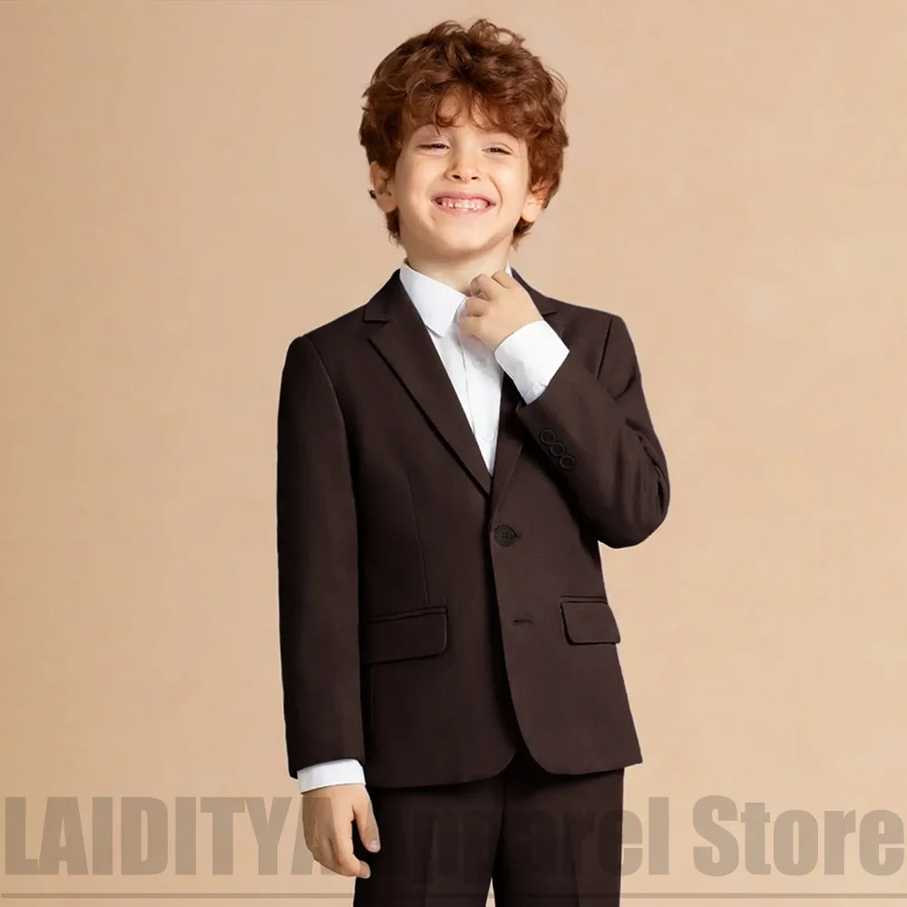 Kids Coffee Brown 2 Piece Suit Fashion Notch Lapel Jacket Trousers Child Birthday Party Prom Piano Flower Boy Outfit 2026