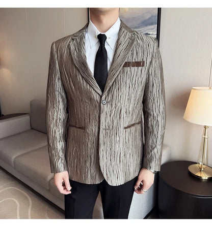 Korean Trend 3D Pleated Suit Jacket for Men Wedding Groom Business Dress Jacket Casual Banquet Party Host Blazer Masculino