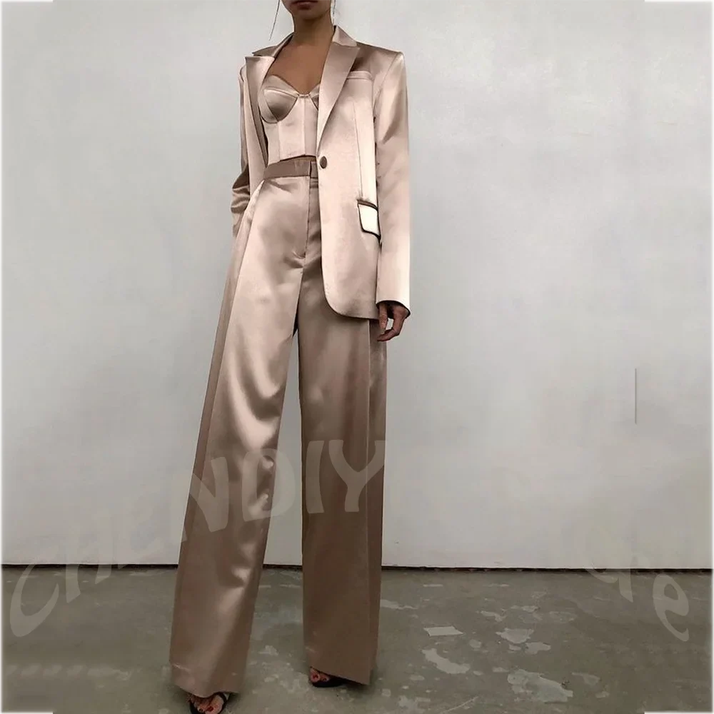 High End Satin Women Suits Jacket Pants Tailored Fit Peak Lapel Single Button Straight Fit Modern Lady Fashion Clothes Set