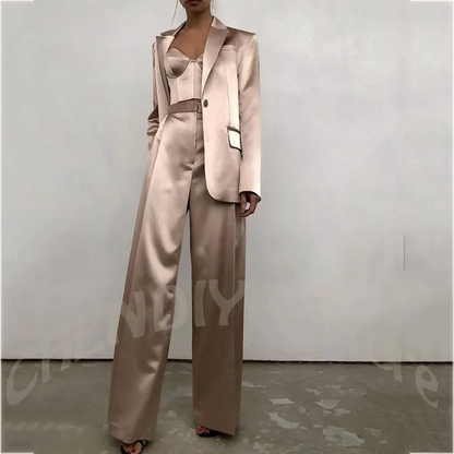 High End Satin Women Suits Jacket Pants Tailored Fit Peak Lapel Single Button Straight Fit Modern Lady Fashion Clothes Set