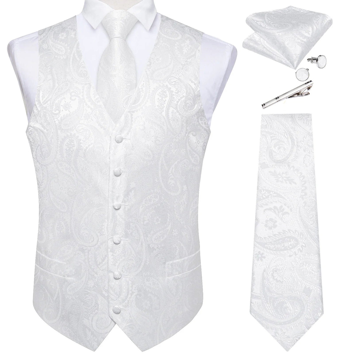 Men's Suit Vest Set with Tie, Handkerchief & Cufflinks for Wedding & Banquet