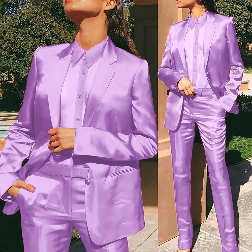 Women’s Red Satin Suit 2 Piece (Jacket+Pants) Set Gorgeous Single-breasted Blazer for Evening Party Formal Cocktail Streetwear