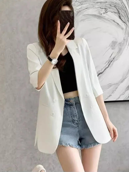 Elegant Double-breasted Women's Blazer Summer Autumn Half Sleeve Office Coat Fashionable Casual Loose Fit Businesswear