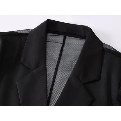 Women's Black Gothic Mesh Patchwork Blazer Coat Vintage Streetwear Harajuku Emo 2000s Suit Jacket Long Sleeve Outerwear Clothes
