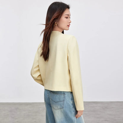 Women Cropped Blazer 2026 Autumn Loose One Button V Neck Jacket Ladies Straight Elegant Commuter Short Coat 141X53363