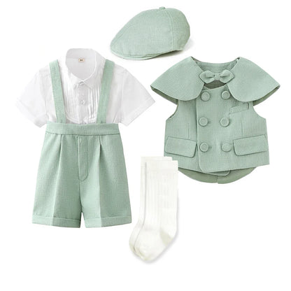 6Pcs Toddler Baby Boy Suit Light Green Waistcoat Shorts Bow Shawl Hat Kids Gentleman Outfit For Birthday Wedding Photo Shoot