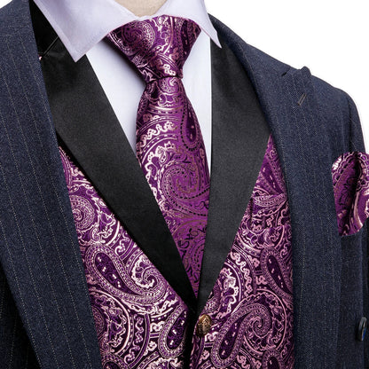 Men's Jacquard Paisley Vest Notched Lapel 3-Piece Set for Weddings & Formal Events – Purple