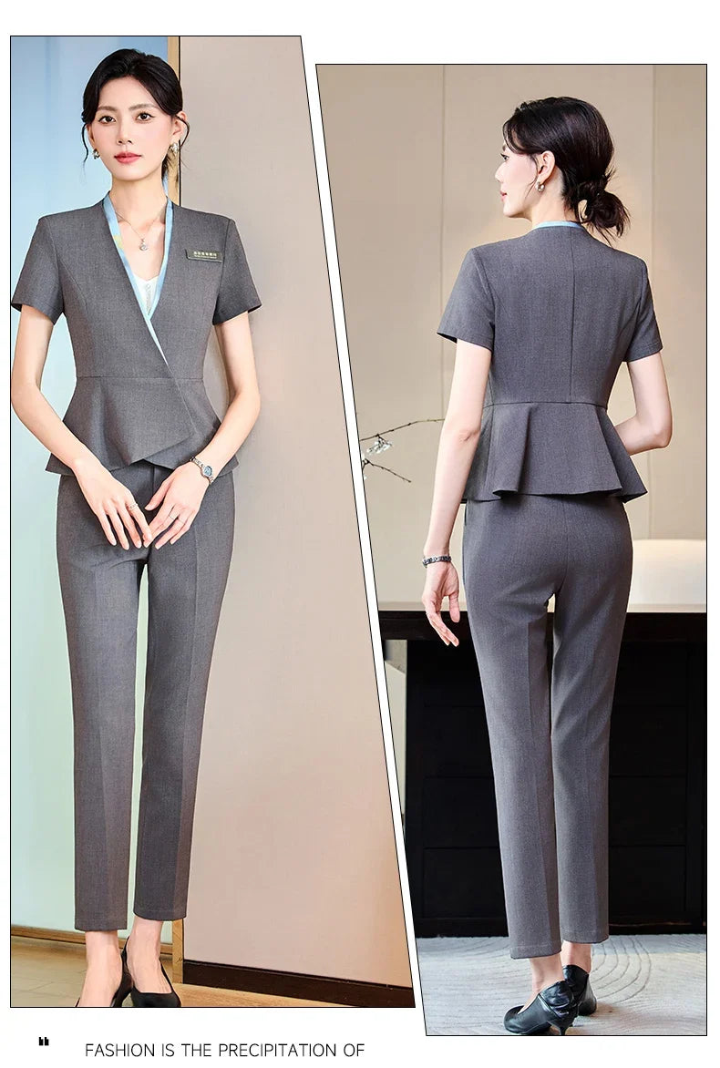 Fashionable professional women's clothing, high-quality short-sleeved suit jacket + pants set, slim and comfortable