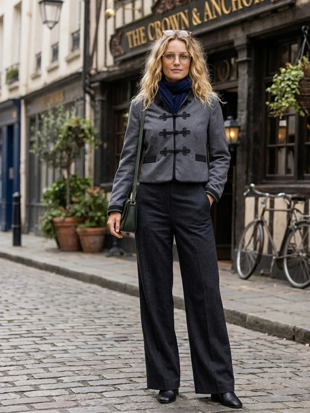 Elegant Chic Frog Fastening Blazers for Women Long Sleeve High Round Neck Blazer with Contrasting Frog Clasp & Cuffs and Pockets