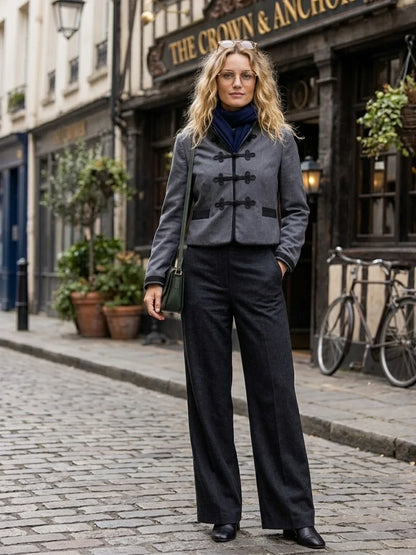 Elegant Chic Frog Fastening Blazers for Women Long Sleeve High Round Neck Blazer with Contrasting Frog Clasp & Cuffs and Pockets