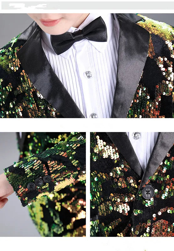 Kids Piano Wedding Birthday Tuxedo Dress Children's Shining Sequins Stage Show Photography Suit Boys Performance Costume