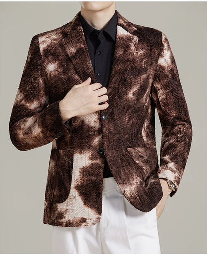 Autumn Korean Slim Fit Suit Jacket for Men Tie Dye Chenille Fashion Casual Suit Jacket Warm Business Social Formal Men Blazers