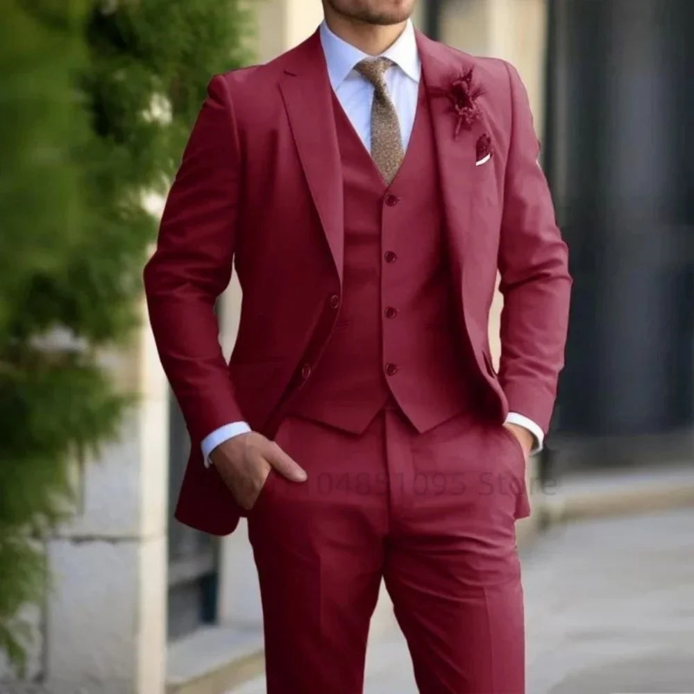 3PCS Formal Solid Men's Suit Set - Wedding Business Party Prom Classic Occasion Jacket Vest Pants Ensemble