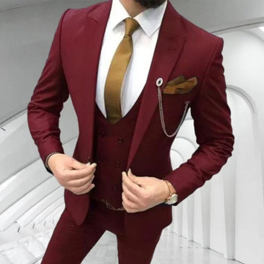 Burgundy Slim Fit Men Suits Casual Style Wedding Tuxedo for Groom 3 Piece Male Fashion Jacket with Pants Double Breasted Vest