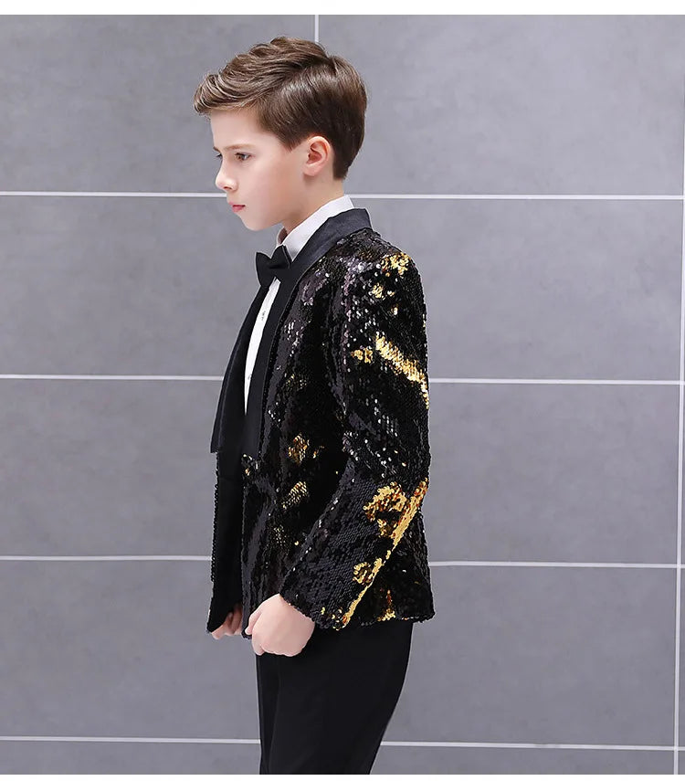 Boys Gradient Sequins Formal Wedding Birthday Party Suits Kids Jacket pants Bowtie 3pcs Price Piano Performance Costume