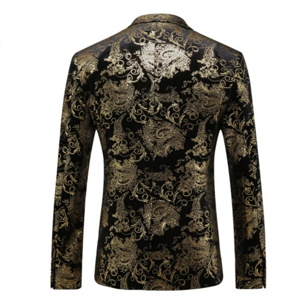 Men's Suit Jacket Black Gold Floral Applique Single Button for Wedding Party Performance