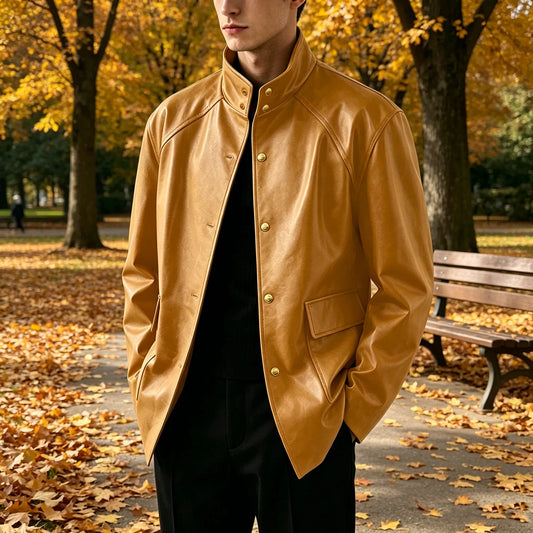 Vintage Men's Stand Collar PU Leather Blazer Single Breasted Gold Buttons Loose Fit Casual Faux Leather Jacket Coat Autumn
