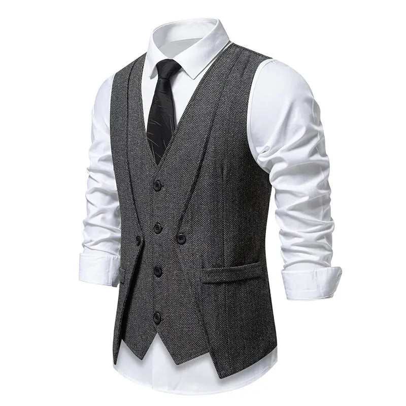 Men's Triple-Breasted Herringbone Tweed Vest – Retro Fake Two-Piece Waistcoat for Weddings & Smart-Casual Occasions