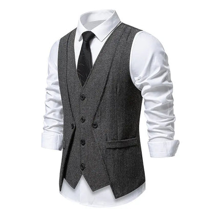 Men's Triple-Breasted Herringbone Tweed Vest – Retro Fake Two-Piece Waistcoat for Weddings & Smart-Casual Occasions