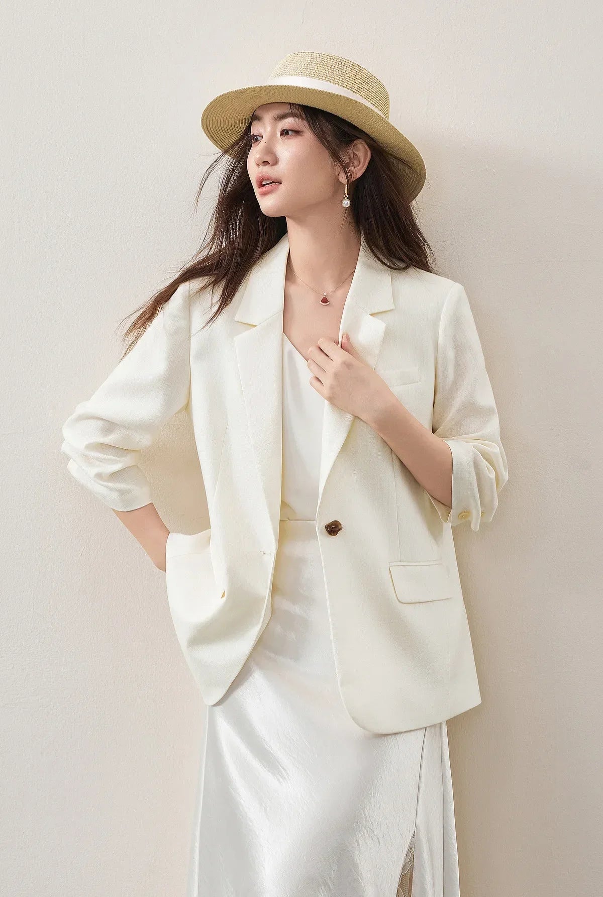 Women's Light Business Blazer Padded Shoulder Acetate Lyocell Blend 2026 Autumn Commuter Casual Suit Jacket 163XC7789