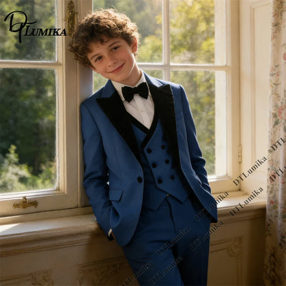 Boys 3-Piece Suit Set with Velvet Lapel — Kids Formal Blazer, Vest & Pants for Weddings & Special Occasions