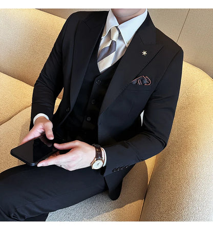 (Blazer + Vest + Trousers) 2024 New Men Formal Business Solid Suit 3 Pieces Set Italian Style Luxury Wedding Social Party Tuxedo