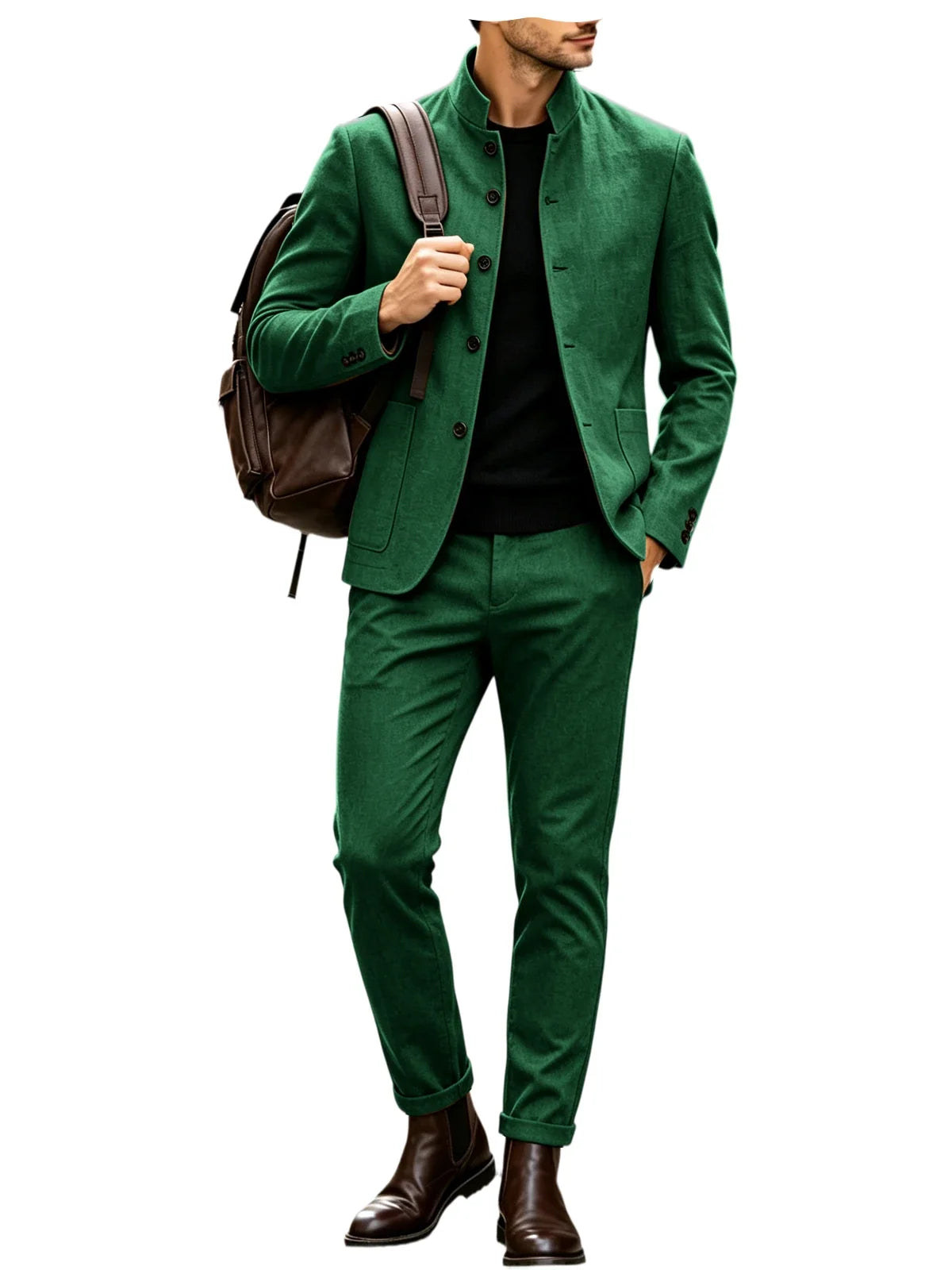 Men Stand Collar Linen Blazer Set Slim Fit 2 Pieces Jacket Pants Breathable Wrinkle‑Resistant Vintage Casual Business Outerwear