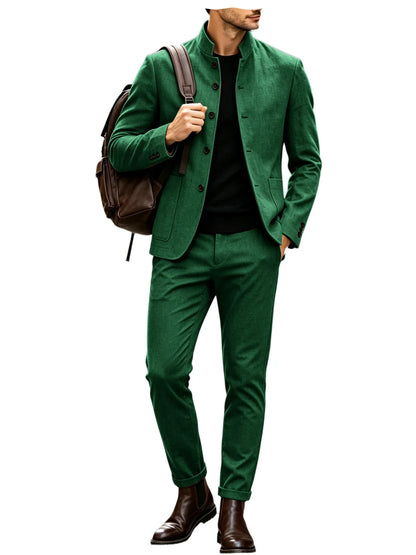 Men Stand Collar Linen Blazer Set Slim Fit 2 Pieces Jacket Pants Breathable Wrinkle‑Resistant Vintage Casual Business Outerwear