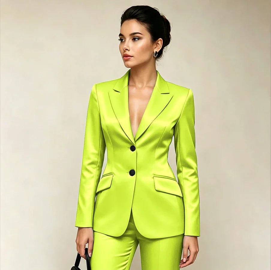 Professional Women’s Black Satin Suit Two Piece (Jacket+Pants) Set for Elegant Formal Party Office Streetwear Fashion Outfit
