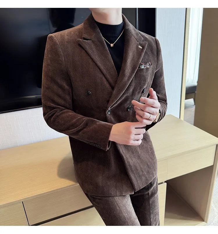 2025 Winter Woolen Men's Wedding Groom Suit Double Breasted Suit 3 Piece Set Business Casual Office Work Party Prom Dress Suits