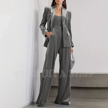 Velvet Women Pants Sets 2 Piece Fashion Peak Lapel Single Breasted Wear Chic Party Casual Office Lady Suits (Blazer+Pants)
