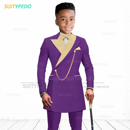 Brief Kids Suit Set  Formal Evening Prom Boys Stylish Gold Lapel Blazer And Pants Two Pieces Children Baptism Formal Costumes
