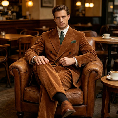 Men's Corduroy Suit 2 Piece Retro Double Breasted Peak Lapel Blazer Straight Leg Pants Formal Set Business Casual Wedding Party
