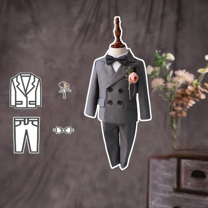 Flower Boys Gray Wedding Suit Set Kids Formal Birthday Photography Outfit Children's Piano Host Performance Costume
