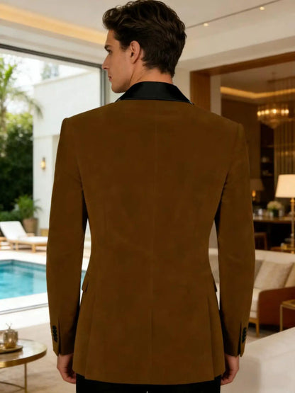 Men's Velvet Tuxedo Blazer Black Trim Shawl Lapel Slim Fit 1-Button Flap Pockets Suit Jacket Formal Wedding Party Sport Coats