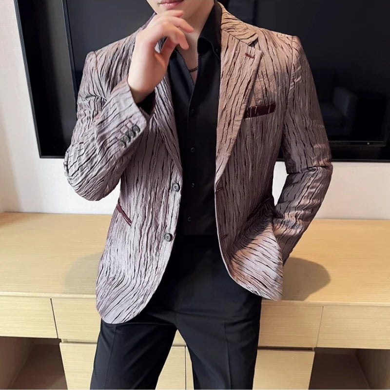 Korean Trend 3D Pleated Suit Jacket for Men Wedding Groom Business Dress Jacket Casual Banquet Party Host Blazer Masculino