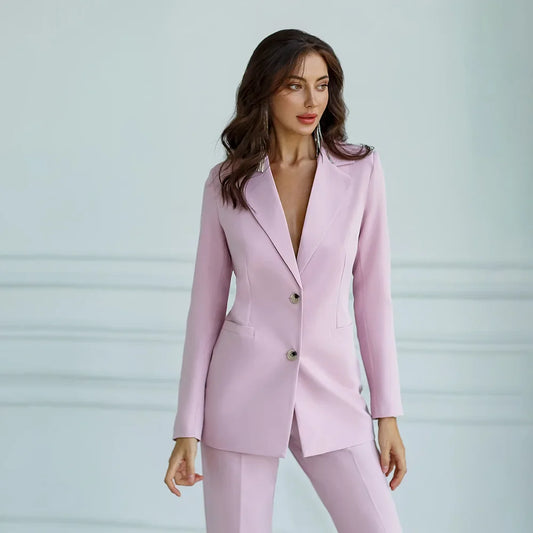 Pink Notch Lapel Single Breasted Women Suits Two Piece Fashion Formal Smart Casual Office Lady Daily Pants Sets (Jacket+Pants)
