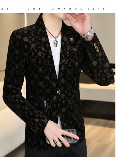 Blazer New Men's Fashion Corduroy Business Gentleman Slim Letter English Style Outdoor Performance Wedding Banquet Casual Blazer