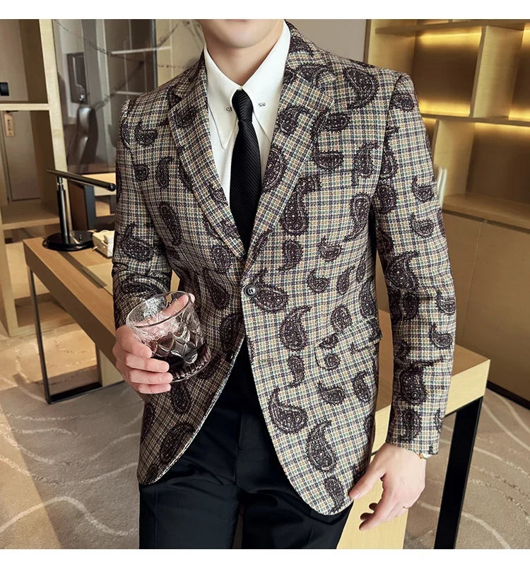 2025 Fashion Embroidery Jacquard Suit Jacket Korean Style Slim Fit Business Formal Social Prom Party Tuxedos Men Clothing 5XL-M