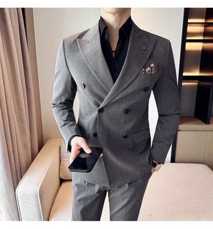 (Jacket+Pant) Fashion Double Breasted Design Men's Slim Fit Suits High Quality Italian Style Wedding Social Tuxedo Men Clothing