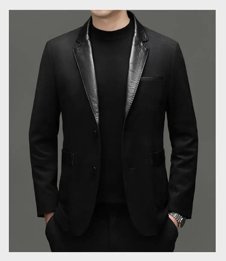 Men's Blazer Suede Cowhide Patchwork Single Breasted Smart Casual Autumn Winter