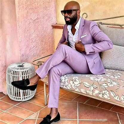 Summer Men's Linen Blend Suit 2 Pieces Slim Fit Casual Lightweight Jacket Pant Set for Party Business Wedding Prom Daily Wear