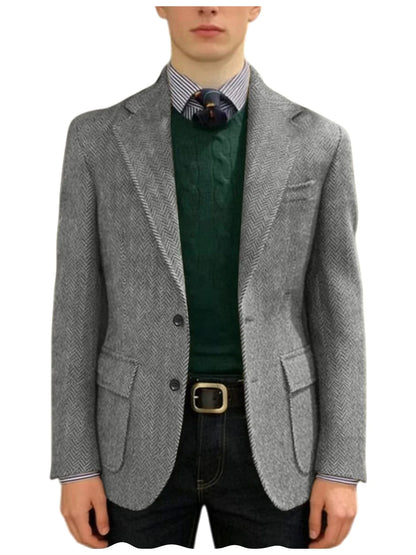 Men's Herringbone Tweed Blazer Classic Fit 2-Button Notch Lapel Flap Pockets Suit Jacket Casual Daily Business Men Sport Coat
