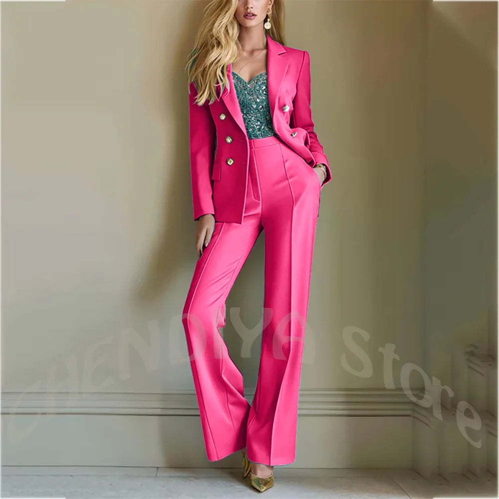 Solid Color Suit For Women High Quality Double Breasted Two Piece Notch Lapel Slim Fit Elegant Fashion Female Outfit Jacket Pant