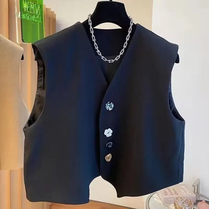 Fashion Irregular V-neck Suit Vests Tops Women 2025 New Summer Unique Buttons Solid All-match Sleeveless Waistcoats Female