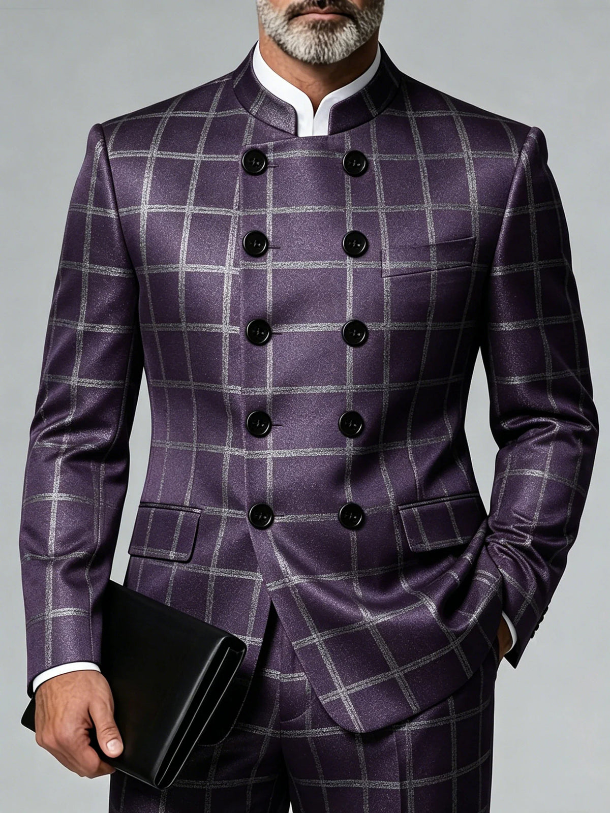Men's Plus Size Blazer Mandarin Collar Double Breasted Slim Fit Pinstripe Luxury Jacket For Business Wedding Party Banquet