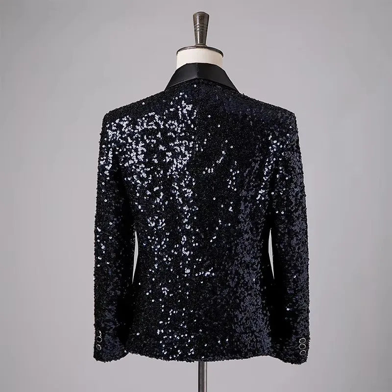Men's Fashion Slim Fit Sequin Suit Jacket Shawl Formal Lapel Tuxedo Wedding Banquet Host Singer Nightclub Bar Stage Performance