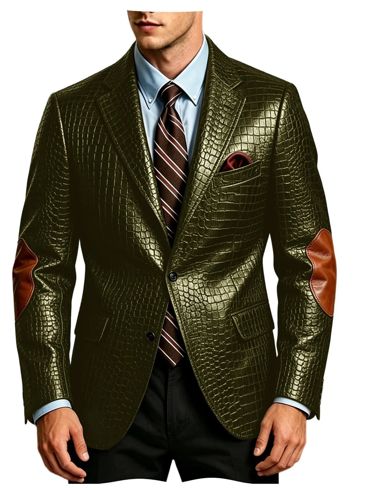 Men's Faux Leather Blazer  Crocodile Pattern Printed Sports Coat Jacket with Elbow Patch  For Party Prom Banquet Wedding Office